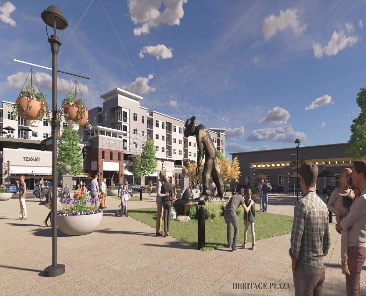 This illustration shows Heritage Plaza, a kind of a Main Street gathering spot with restaurants, service businesses and a town square that’s meant to be Andover’s first downtown. It also prominently features a man with a shovel, which is the centerpiece of the overall Heritage development’s branding.