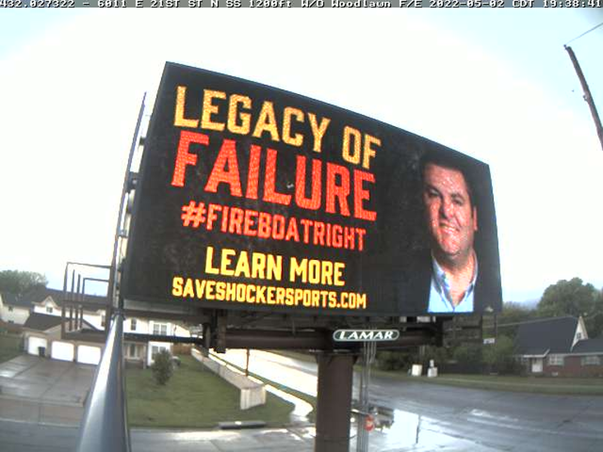 A screenshot of the billboard that went up at 21st & Woodlawn that created a stir in Wichita, calling to fire Wichita State athletic director Darron Boatright.