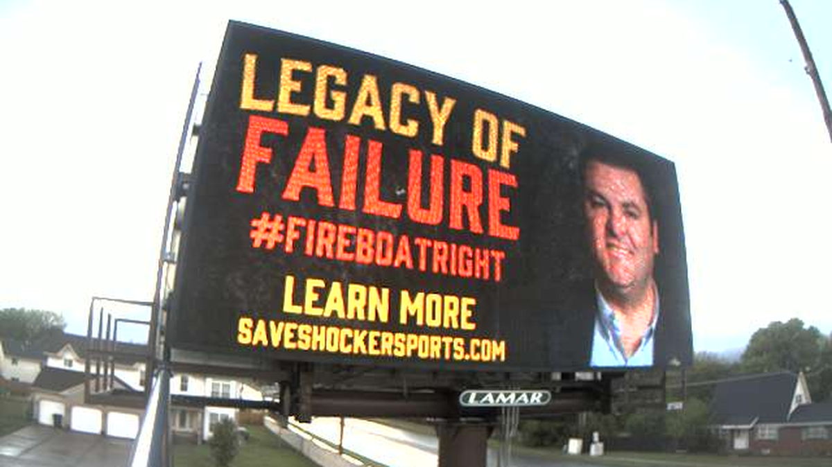 A screenshot of the billboard that went up at 21st & Woodlawn that created a stir in Wichita, calling to fire Wichita State athletic director Darron Boatright.
