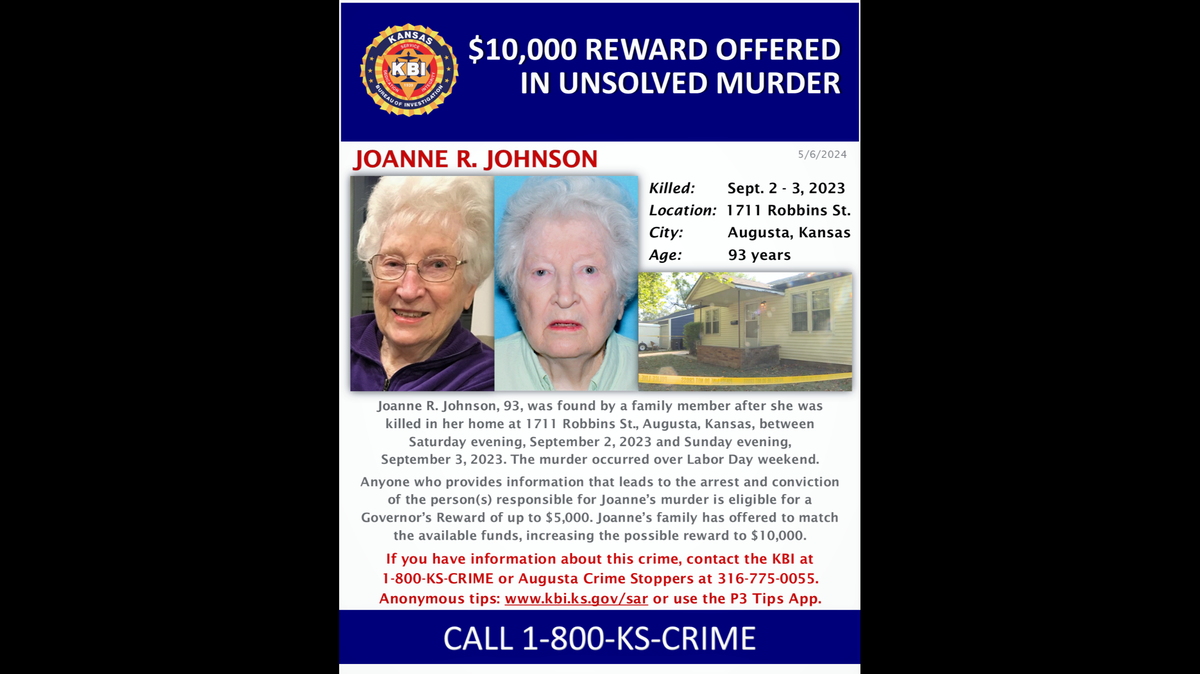 A $10,000 reward has been offered for any tip that leads to an arrest and conviction of a 93-year-old Augusta woman who was killed in September.