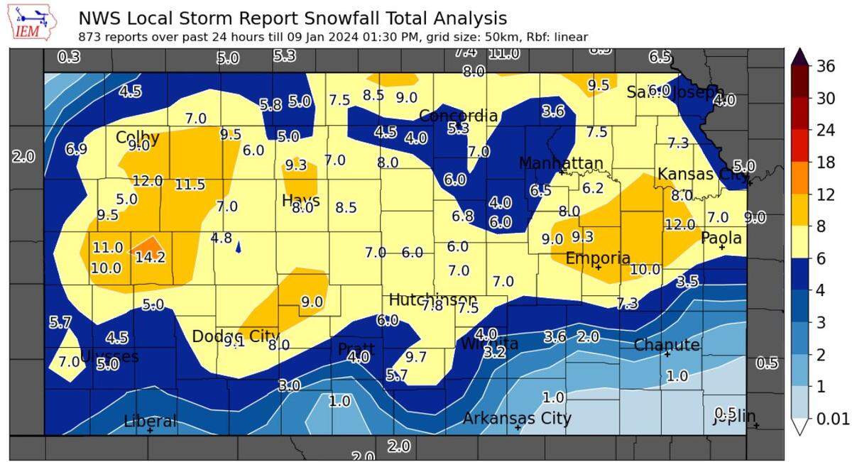 Here is a look at how much snow fell in various areas across Kansas in the last 24 hours, according to the Iowa Environmental Mesonet, which uses various measuring networks.