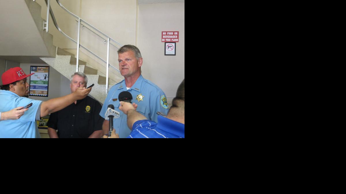 Cowley County Sheriff Don Read, right, talks during a news conference Monday alongside KBI Special Agent David Falletti, left. The two, along with Cowley County Attorney Christopher Smith, discussed a fatal shooting involving a sheriff’s deputy during a traffic stop Saturday.

