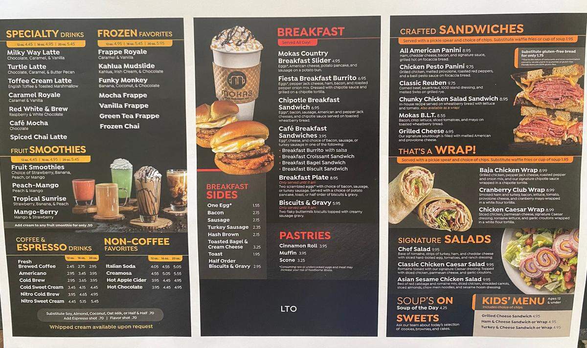 The menu at the new Mokas Cafe