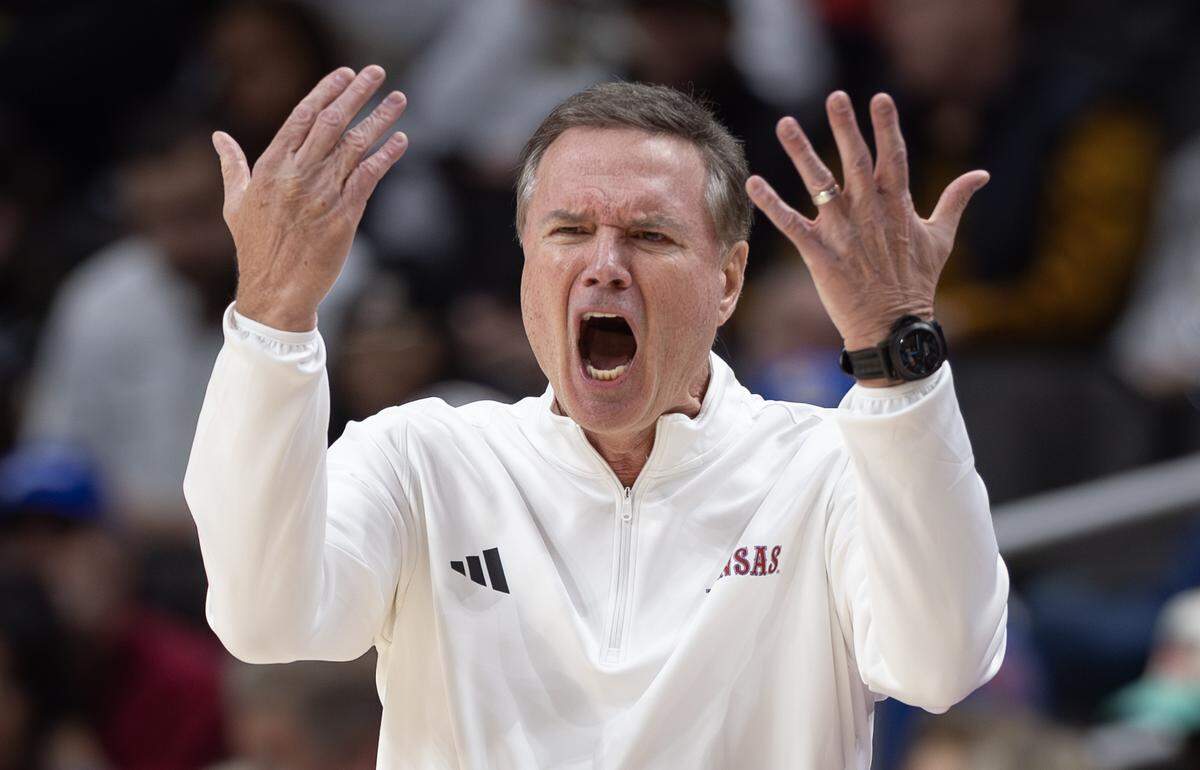 Kansas coach Bill Self expresses his frustration with his team’s play during the first half of a game against Missouri at T-Mobile Center on Sunday, Dec. 7, 2025.