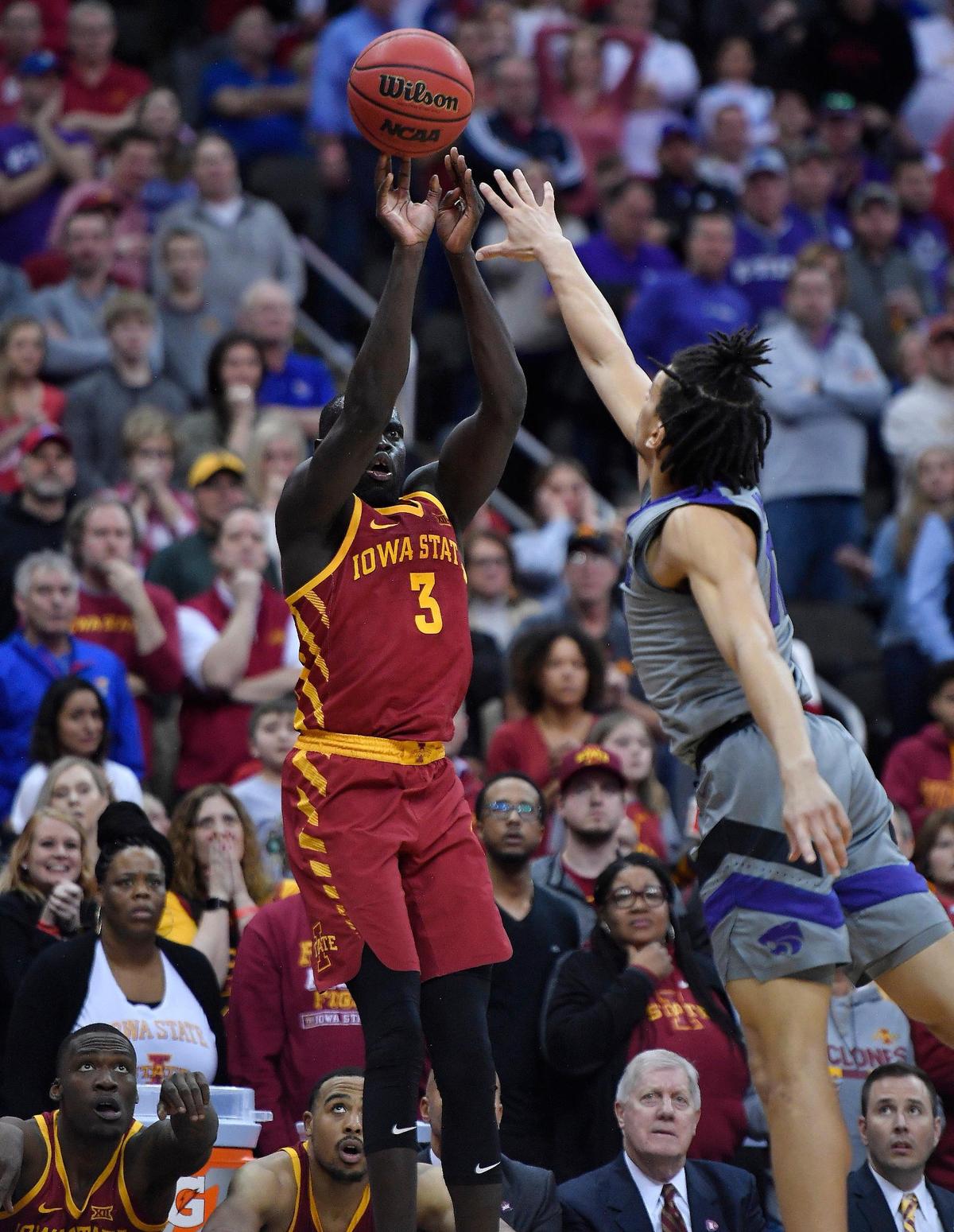 All eyes were on Iowa State’s Marial Shayok (3) and he elevated in front of the Cyclone bench and nailed this game-winning three-point shot over Kansas State’s Mike McGuirl in the closing minutes of Friday’s Big 12 Tournament game at the Sprint Center.