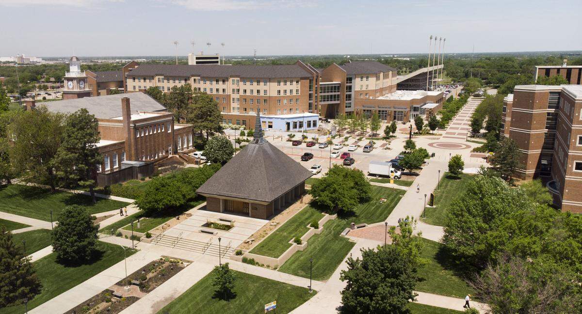 Wichita State University campus looking north from the Rhatigan Student Center. (May 15, 2019)