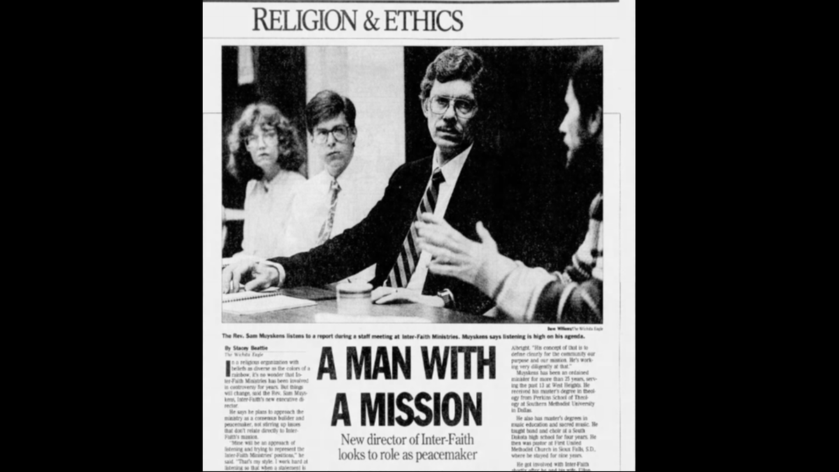 A photo and story in the April 4, 1992, edition of The Wichita Eagle talking about Sam Muyskens taking over as executive director of Inter-Faith Ministries (now HumanKind Ministries).