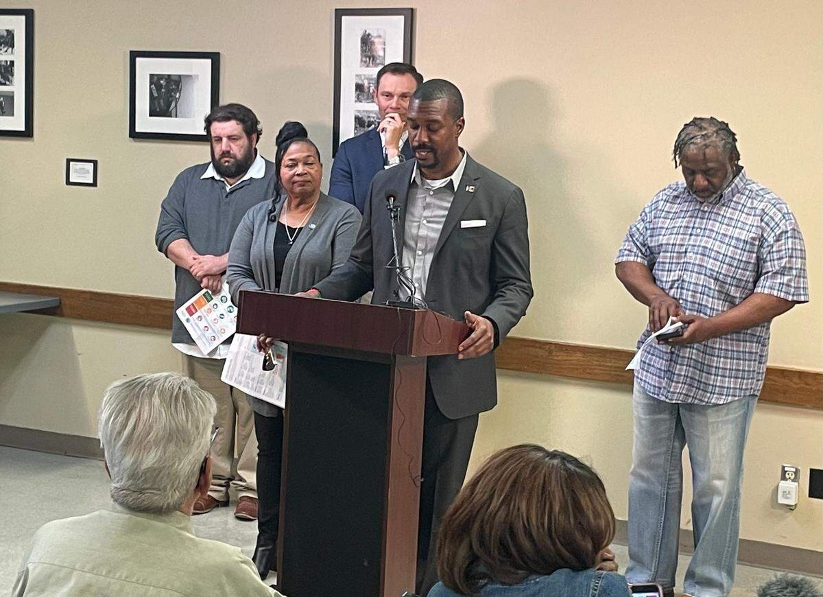 Local officials speak during a briefing at the Atwater Neighborhood Resource Center on May 5, 2023. From left to right, Wichita Vice Mayor Mike Hoheisel, state Sen. Oletha Faust-Goudeau, Sedgwick County Commissioner Ryan Baty, Wichita City Council member Brandon Johnson and state Rep. Ford Carr.