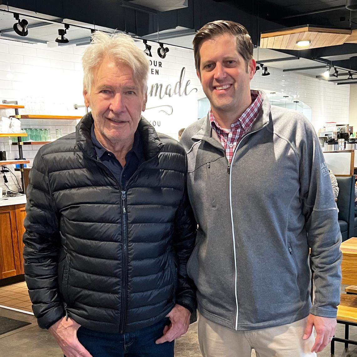 Harrison Ford frequently dined at the downtown HomeGrown during his last couple of years visiting Wichita. He’s pictured with owner Jon Rolph in 2023.