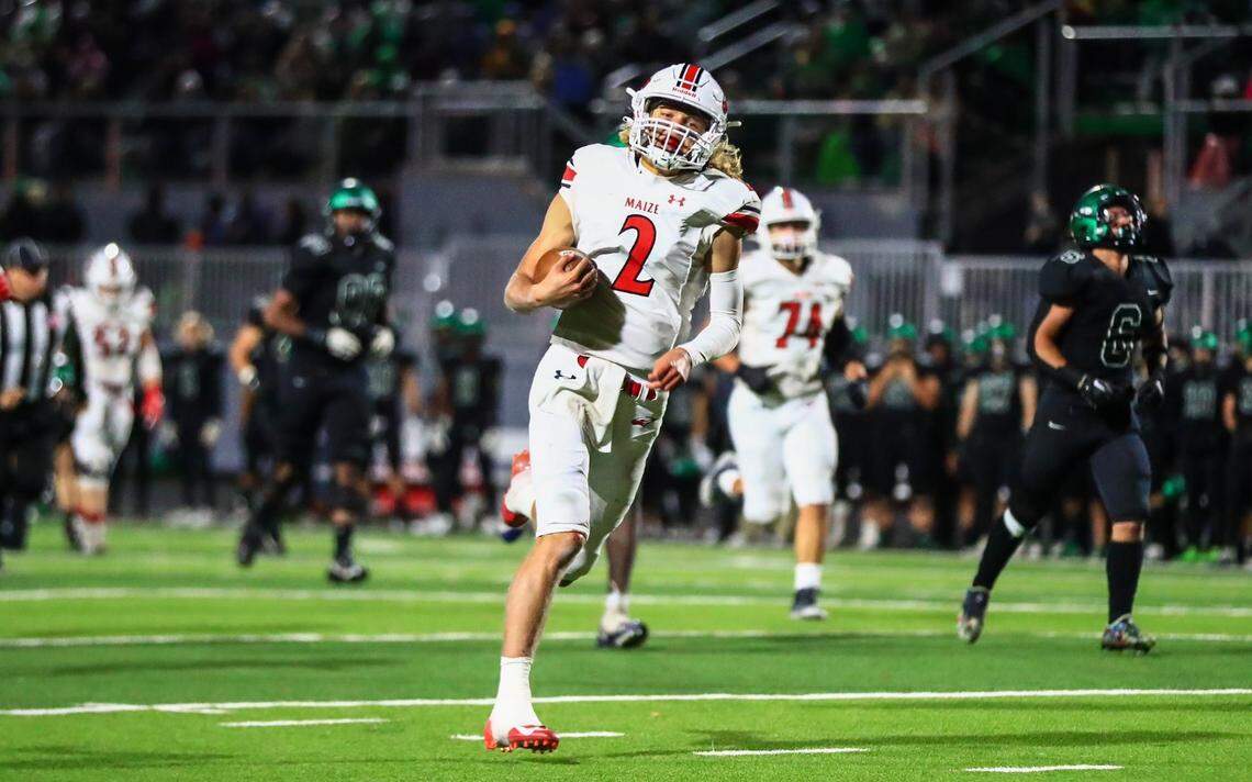 Maize quarterback Avery Johnson rushes in a touchdown for the Eagles in their 52-51 win at Derby on Friday. The K-State commit finished with seven scores in the come-from-behind victory.