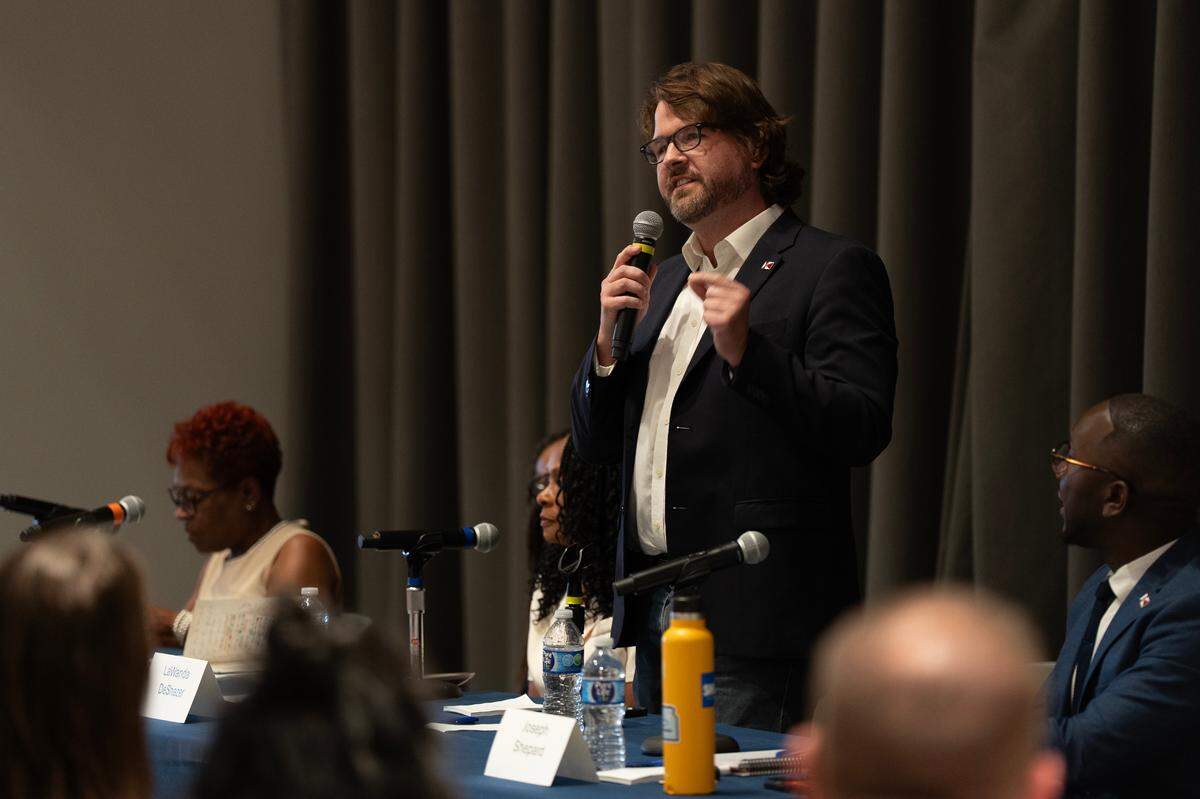 Wichita City Council candidate Chris Pumpelly answers a question during a District 1 candidate forum July 15 at Wichita State University. The forum was sponsored by the Wichita Journalism Collaborative.