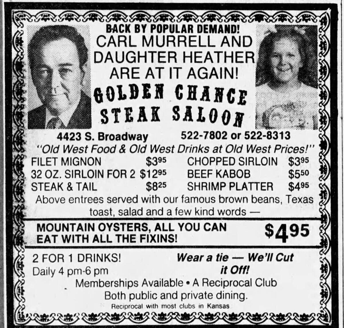 An advertisement for Carl Murrell’s revived Golden Chance Saloon at 4423 S. Broadway ran in a 1985 edition of The Wichita Eagle.