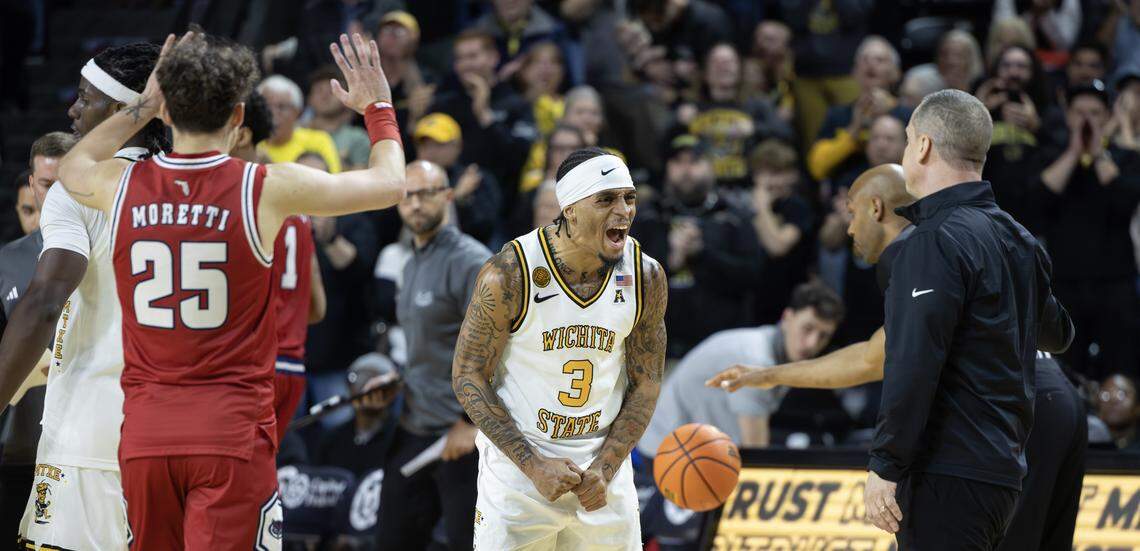 Wichita State’s Dre Kindell lets out a scream during a timeout during the second half against Florida Atlantic on Saturday at Koch Arena.