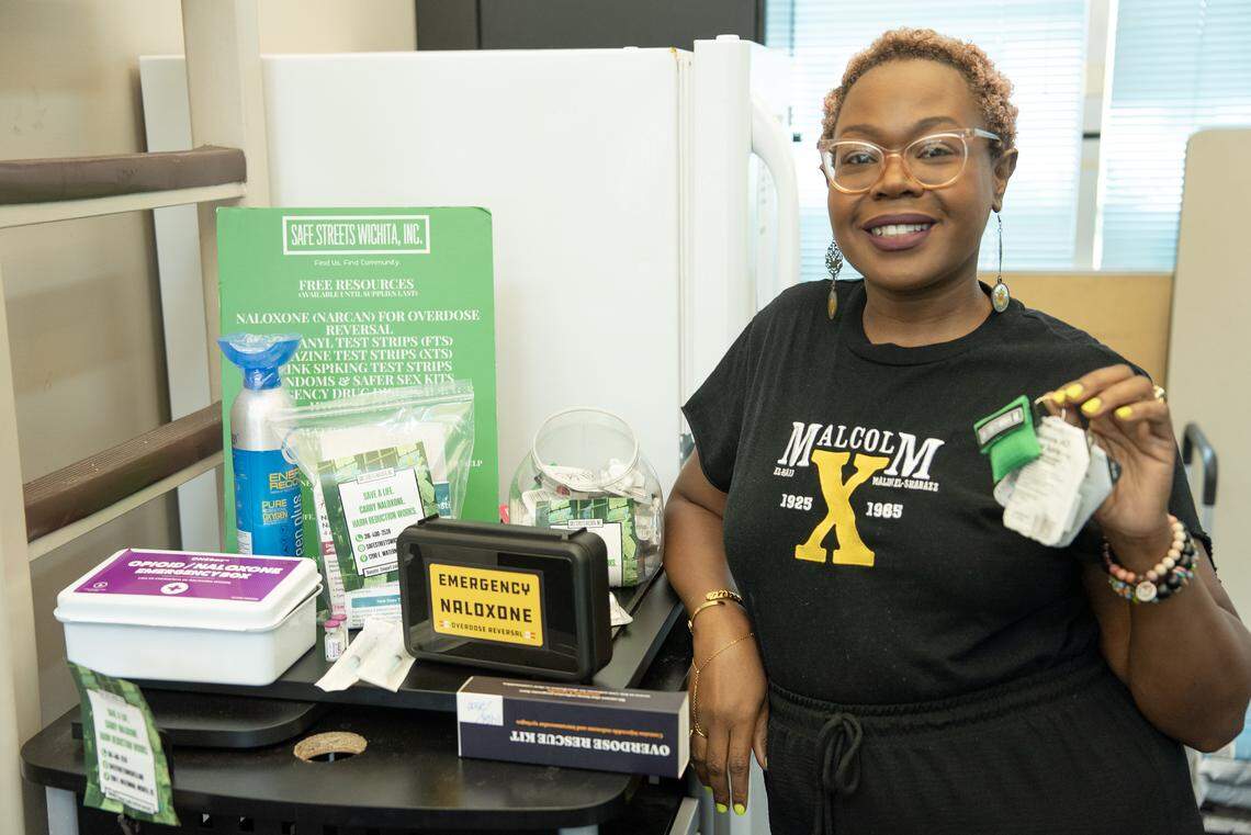 Aonya Kendrick Barnett with Safe Streets shows emergency naloxone she left for Wichita Transit workers after she trained them on how to use it.