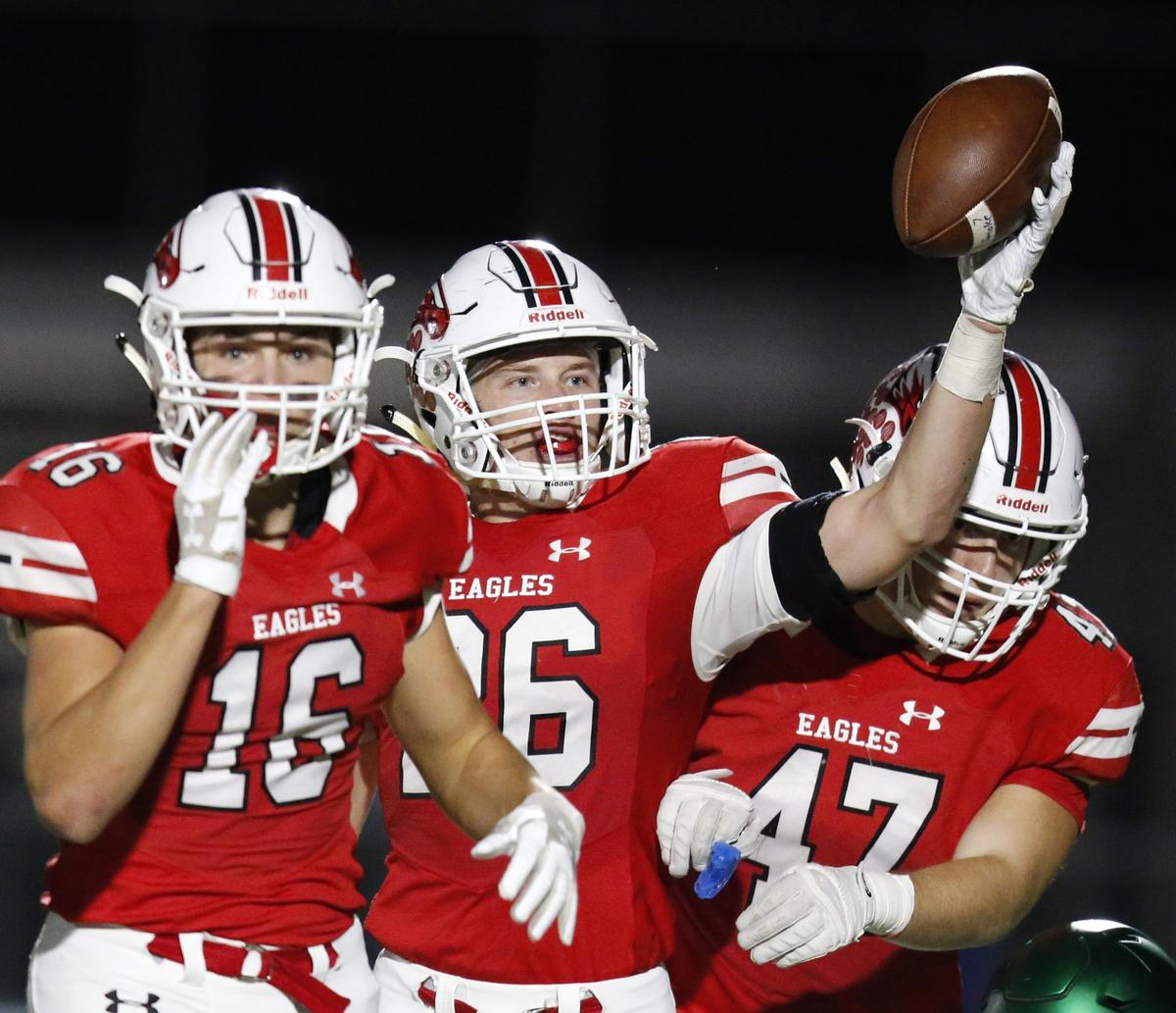 Maize defender #26 Carson Shively  celebrates a fumble recover Friday night against Derby. (October 19, 2018)