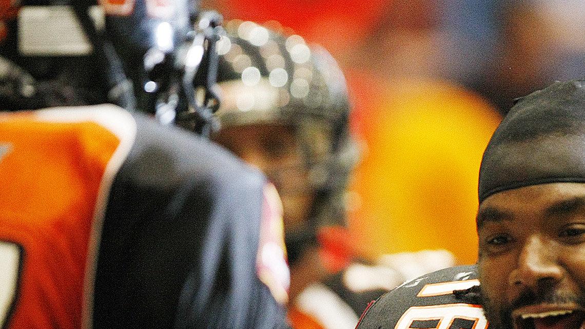  The Wild's Xavier Jordan celebrates after intercepting a pass for a TD in the 3rd quarter Saturday night at Hartman Arena. (June 4, 2011)
