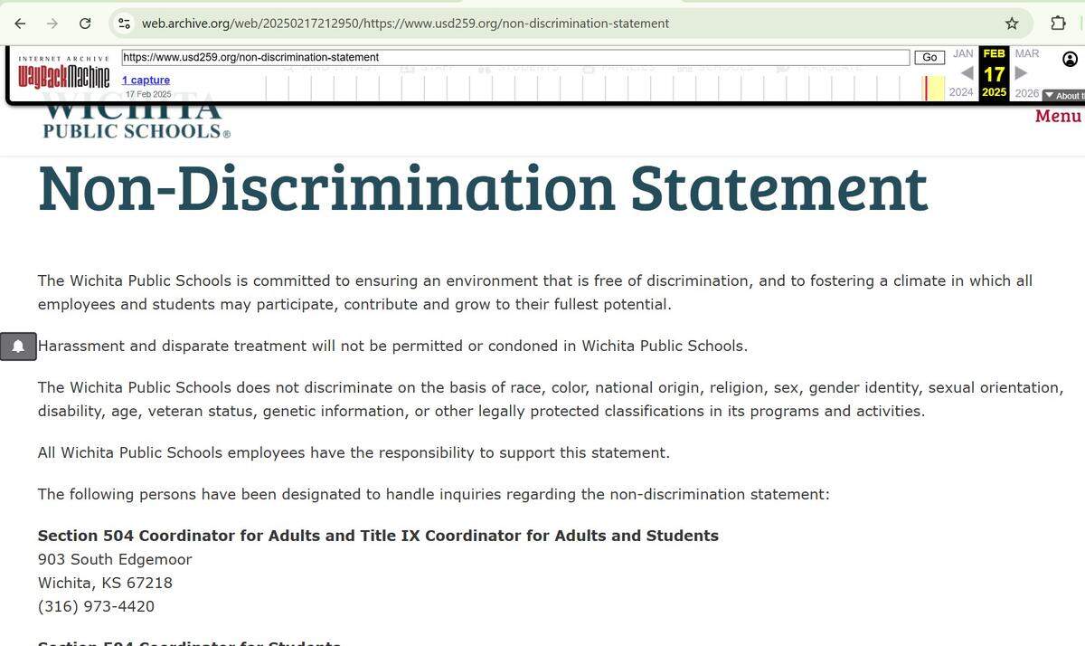 BEFORE: Wichita Public School’s website page shows its non-discrimination statement on Feb. 17, 025.