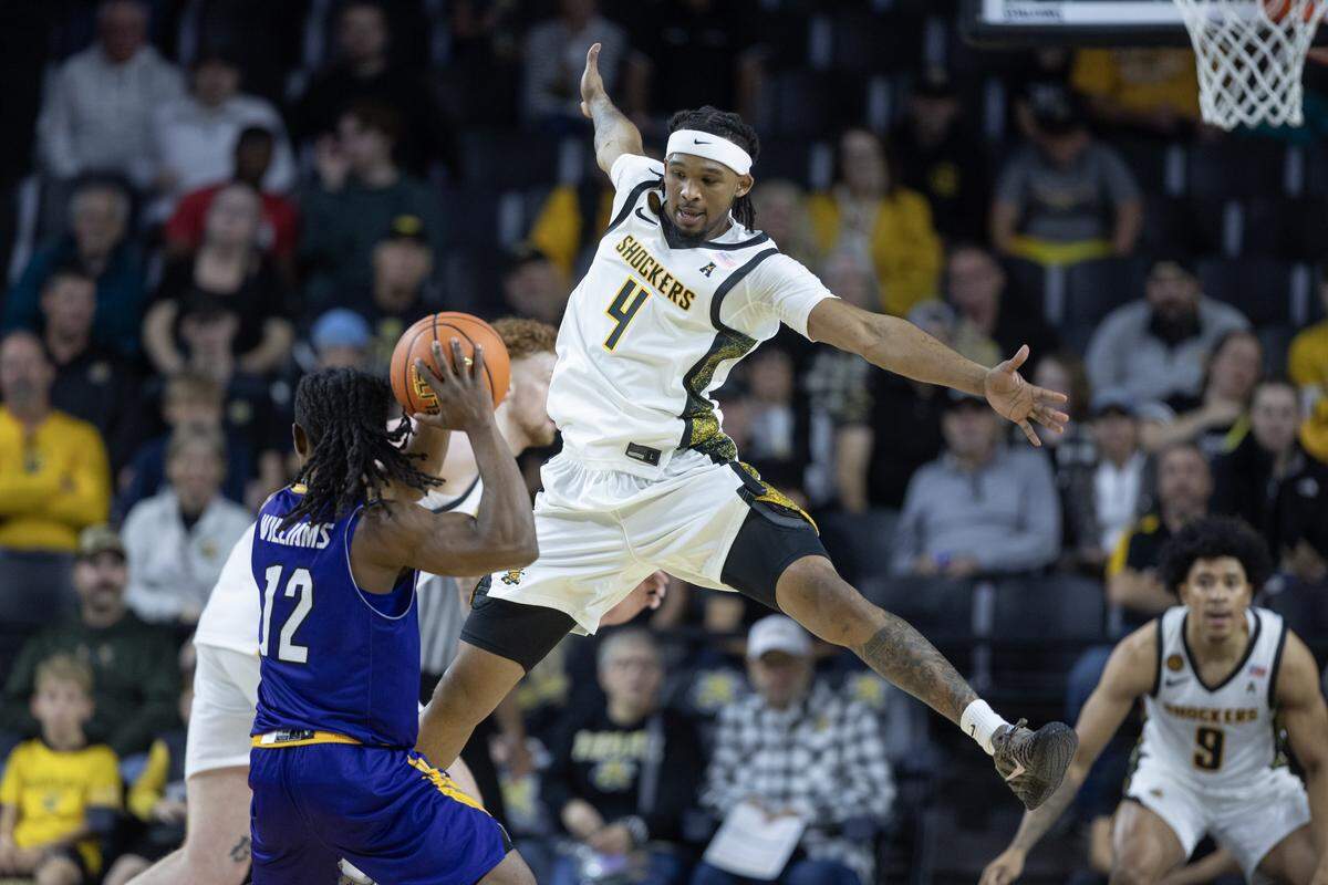 Wichita State’s plays defense in the first half against Prairie View A&M on Saturday at Koch Arena. 