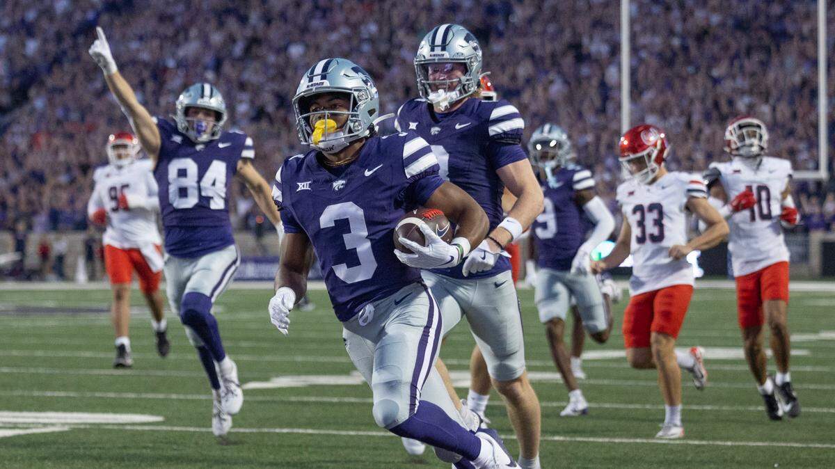 Derby High School alum Dylan Edwards runs a punt back for a touchdown during the second quarter of Kansas State’s game against Arizona on Friday, Sept. 13, 2024, at Bill Snyder Family Stadium.