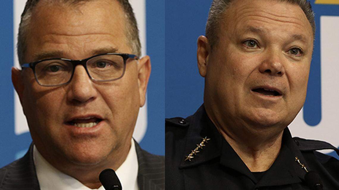 Sedgwick County Sheriff Jeff Easter, left, and Wichita Police Chief Joseph Sullivan addressed growing concerns in the Hispanic community over Kansas House Bill 2350 during a media briefing on Tuesday.