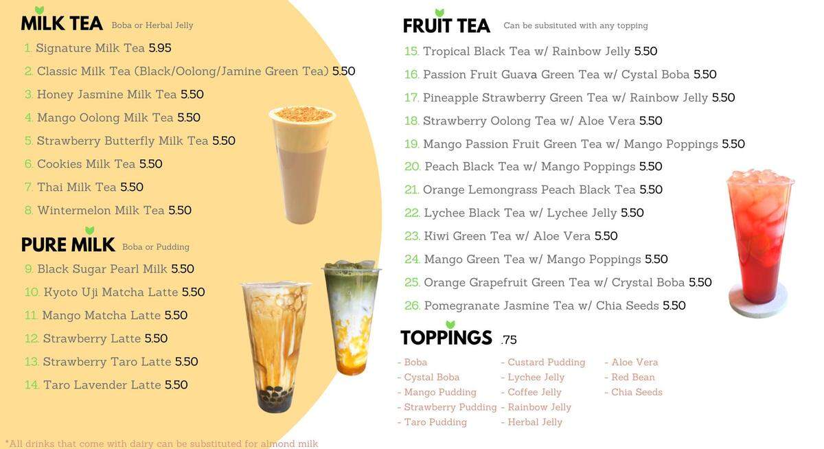 Part of the menu for the new Joy Tea