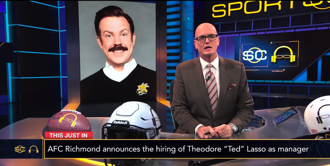 Jason Sudeikis, who plays the titular character in the AppleTV-plus show “Ted Lasso,” portrays a football coach at Wichita State who is hired to lead an English Premier League soccer team.