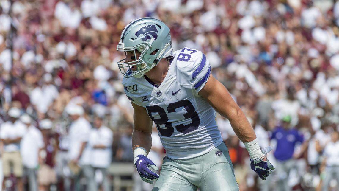 Kansas State wide receiver Dalton Schoen (83) lines up during the first half of an NCAA football game on Saturday, Sept. 14, 2019 at Mississippi St. in Starkville, Miss. (AP Photo/Vasha Hunt)