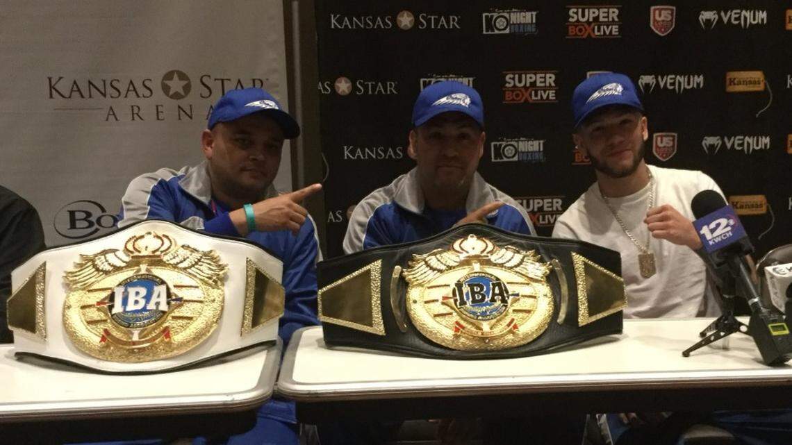 Nico Hernandez, right, defeated Szilveszter Kanalas via a first-round knockout on Saturday night at Kansas Star Arena to win the vacant IBA flyweight world title belt. Hernandez is the youngest world champion in IBA history.