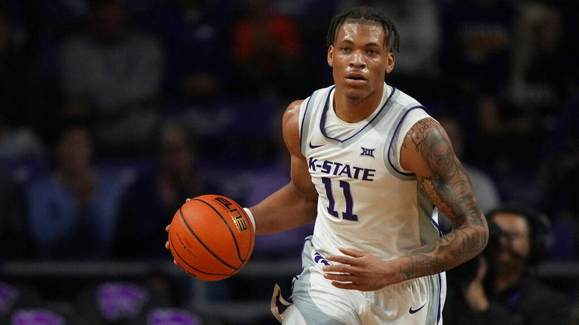 Kansas State forward Keyontae Johnson drives during the first half of an NCAA college basketball game against Texas-Rio Grande Valley Monday, Nov. 7, 2022, in Manhattan, Kan. (AP Photo/Charlie Riedel)