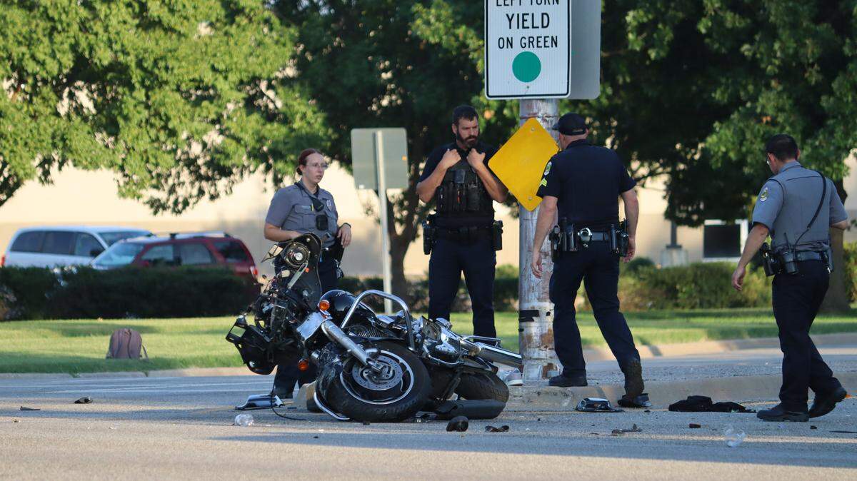 Wichita police work an accident that left two people critically injured on Thursday evening. A motorcycle eastbound on Pawnee collided with a westbound Jeep as it turned onto George Washington Boulevard.
