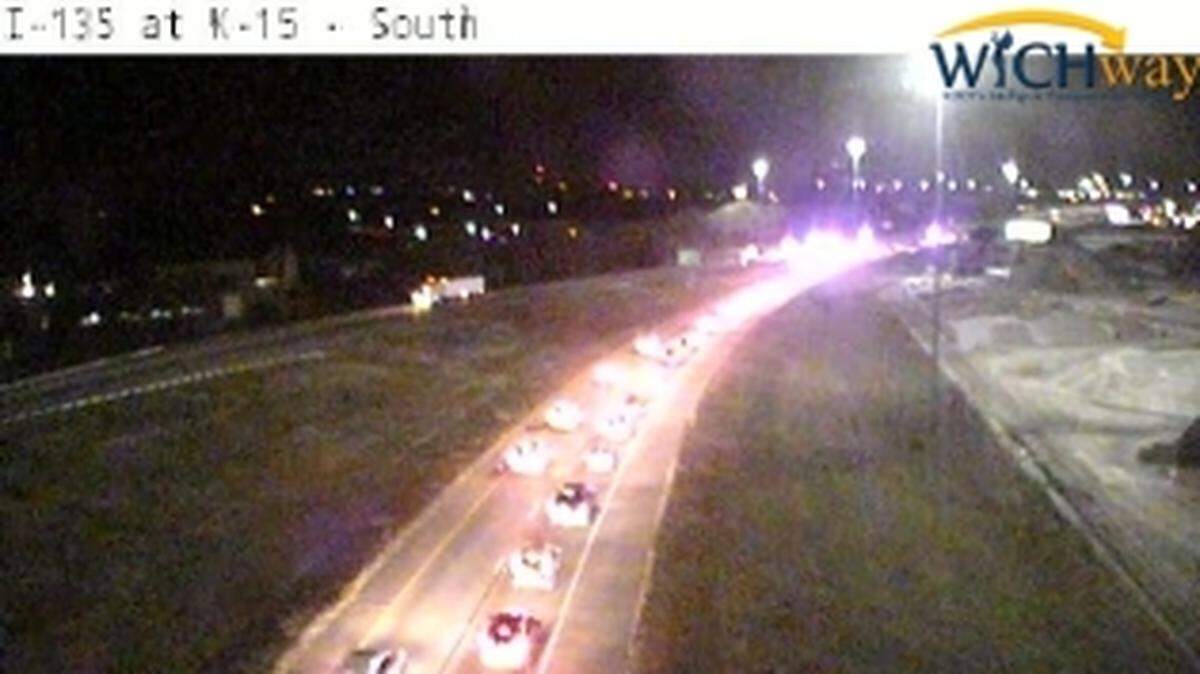 The view from this KDOT traffic camera shows backed up traffic after a crash involving a semi at I-135 and Hydraulic in south Wichita on Wednesday night.
