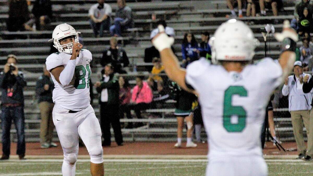 Derby senior defensive lineman Isaac Keener wags his finger at the end of the Panthers’ 24-6 win at Bishop Carroll on Friday. (Sept. 21, 2018)