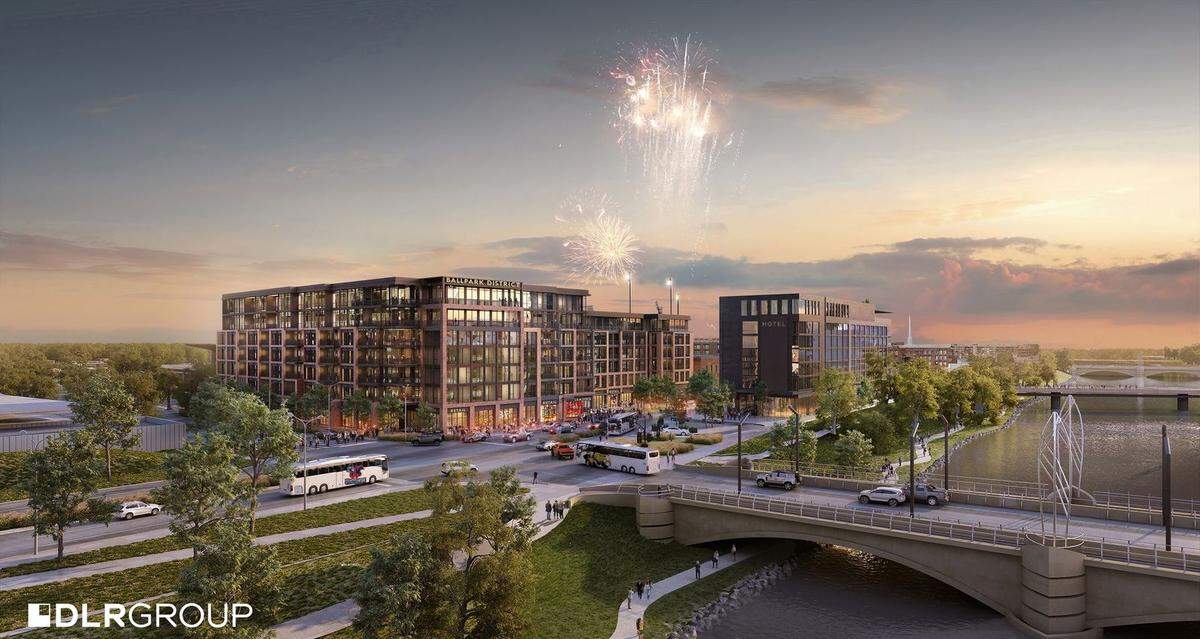 A street-side view of EPC Real Estate Group’s planned development around Equity Bank Park, which is behind these buildings.