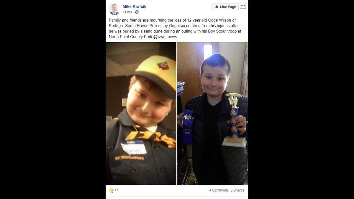 Gage Wilson, 12, died while climbing into a sand dune during a Boy Scout event at North Point County Park, police said.