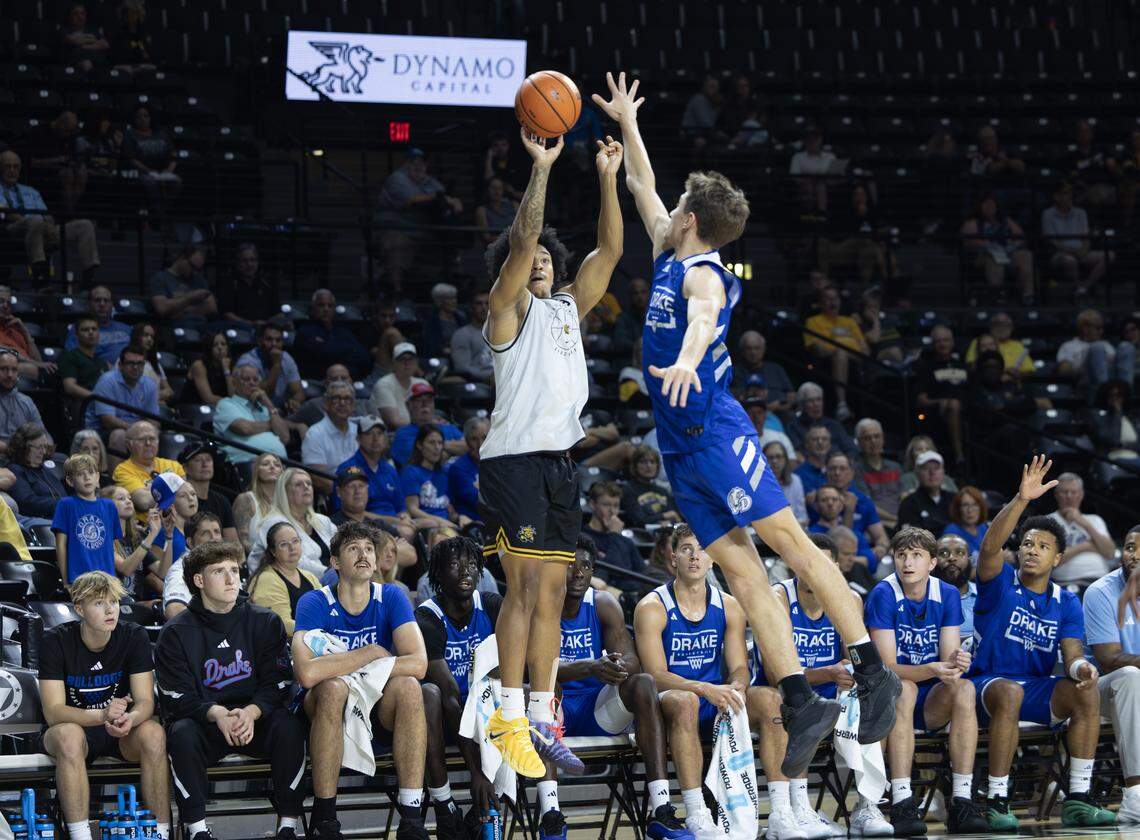 Michael Gray Jr. hits one of his several three-pointers doing a scrimmage against Drake on Saturday afternoon at Koch Arena.