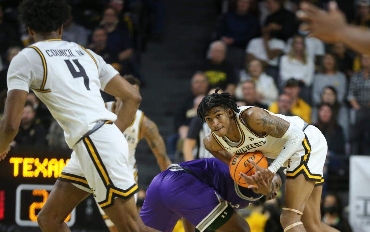 Wichita State’s Chaunce Jenkins comes up with a steal during the first half against Tarleton State on Tuesday at Koch Arena.