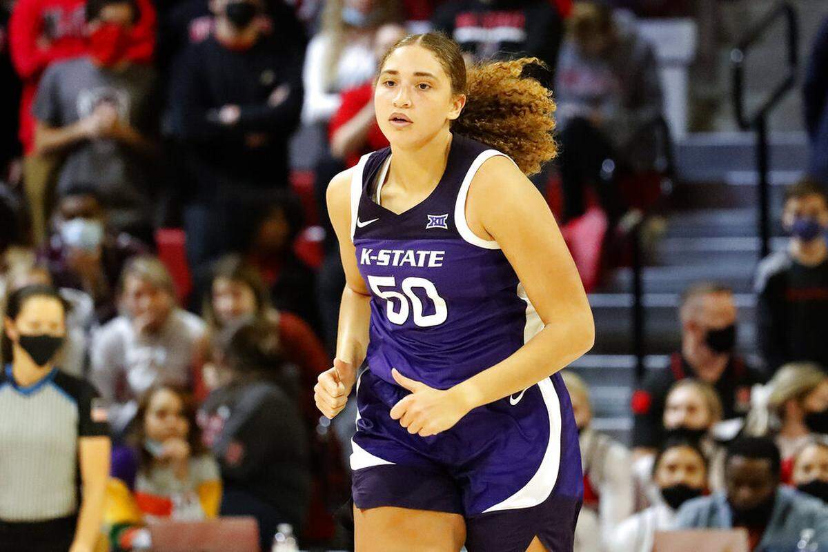 Kansas State’s Ayoka Lee (50) comes down the court against North Carolina State during the second half of an NCAA college basketball game, Friday, Nov. 19, 2021, in Raleigh, N.C. (AP Photo/Karl B. DeBlaker)