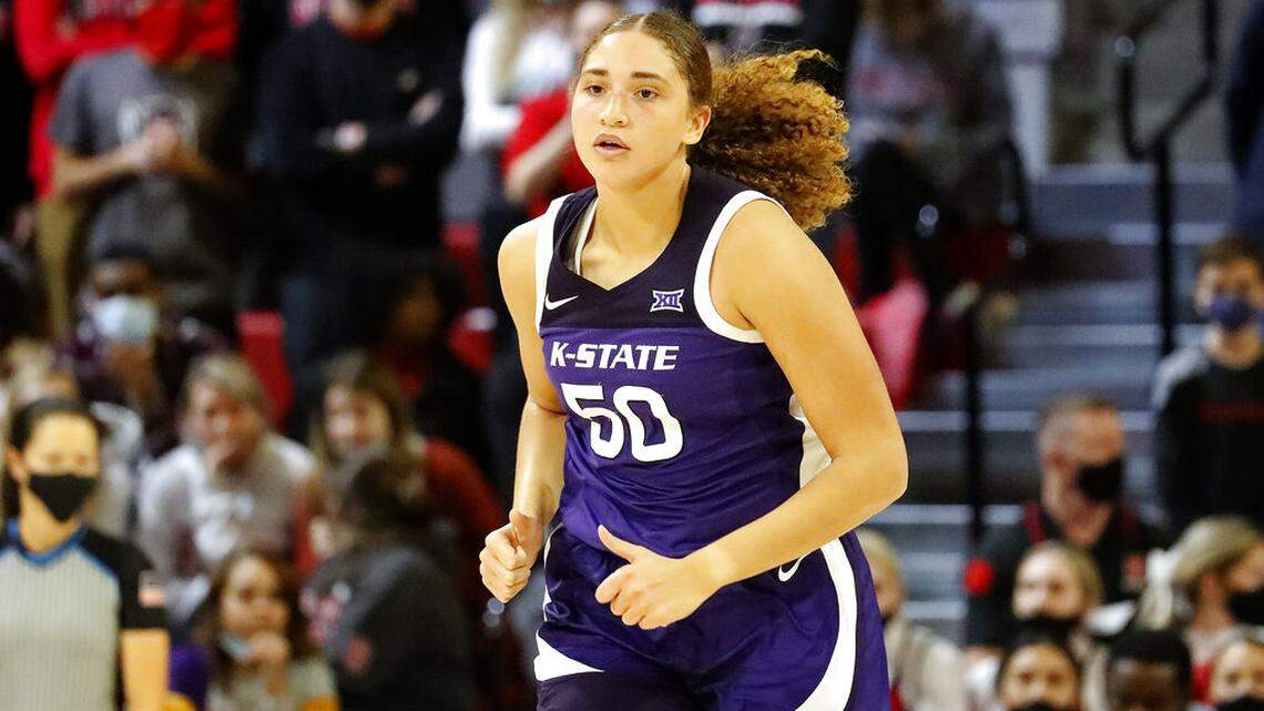 Kansas State’s Ayoka Lee (50) comes down the court against North Carolina State during the second half of an NCAA college basketball game, Friday, Nov. 19, 2021, in Raleigh, N.C. (AP Photo/Karl B. DeBlaker)