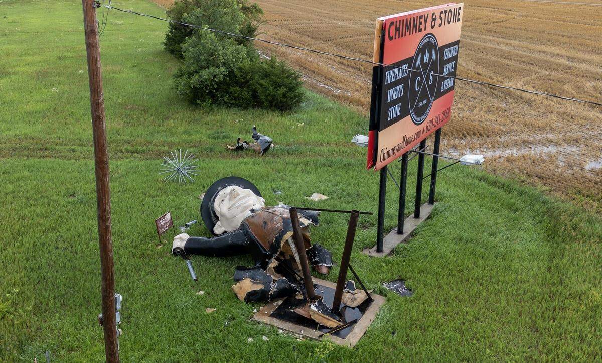 The famous chimney sweep statue along I-135 South of McPherson was felled by Tuesday-morning’s storms.