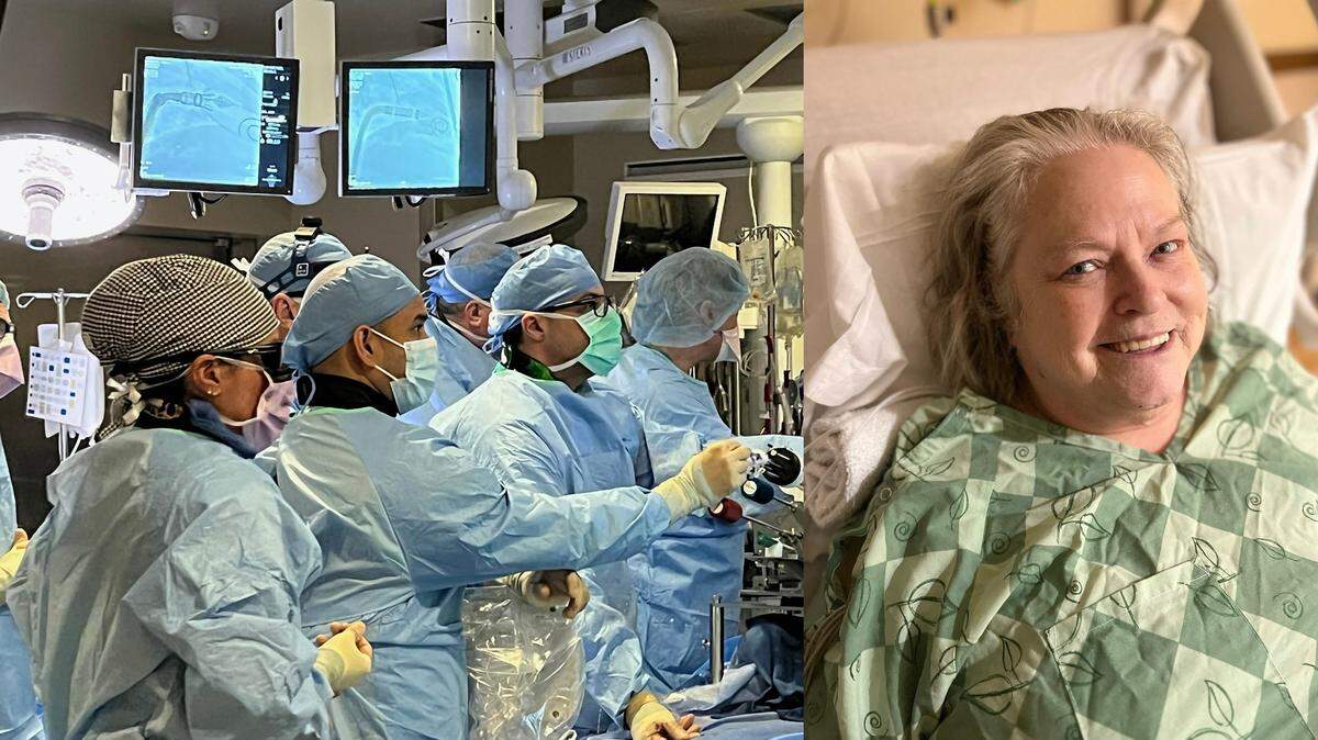 Left: Doctors perform heart surgery on Terri Lohmeyer of Hutchinson using a new device on Nov. 16 at Ascension Via Christi. Right: Lohmeyer, who was expected to die without the heart operation, recovers in the hospital after the surgery she says has given her a new lease on life.