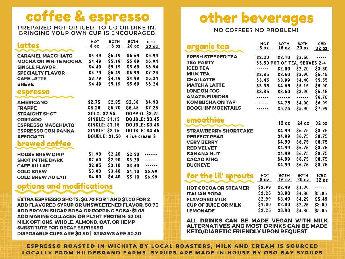 The beverage menu from Sunflour Cafe & Collective