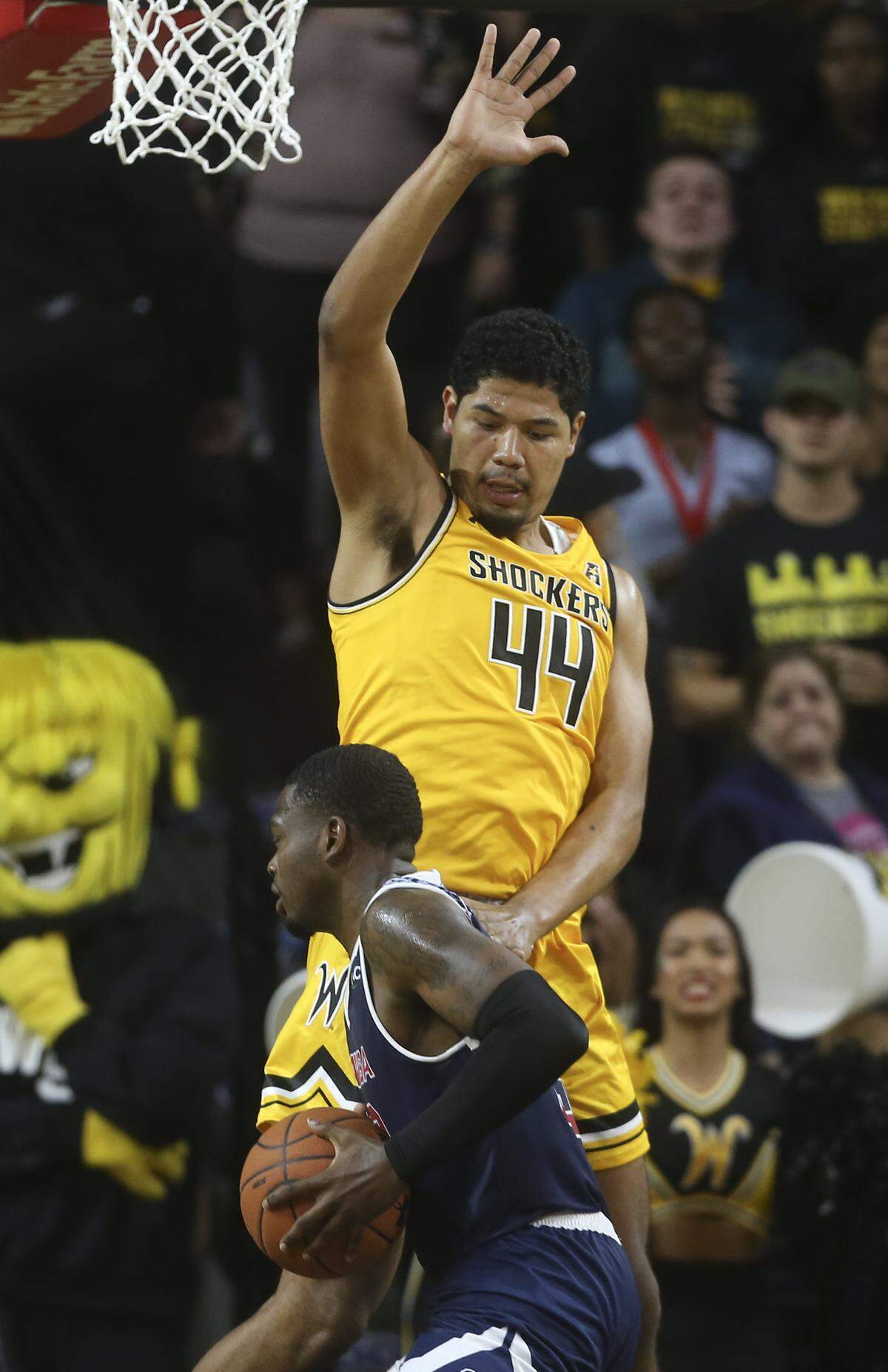 Wichita State’s Isaiah Poor Bear-Chandler defends against Catawba during the second half of their exhibition game at Koch Arena on Tuesday.