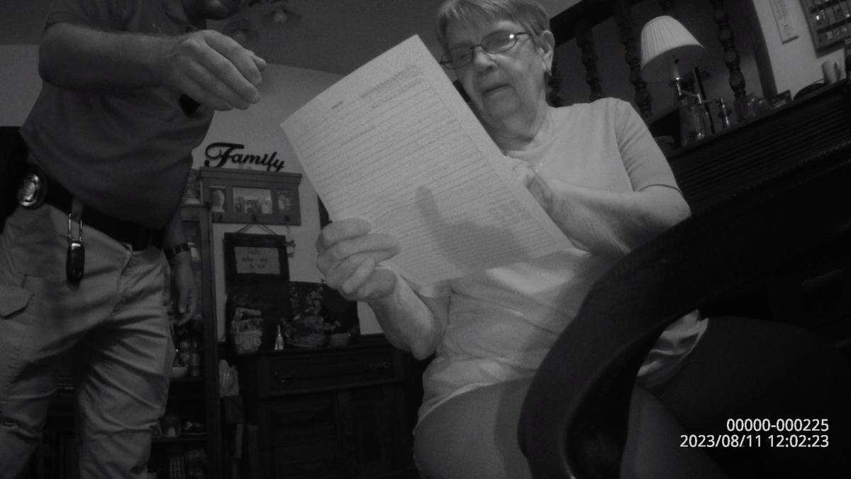 A still frame from the body camera Marion Police Chief Gideon Cody was wearing while he raided Ruth Herbel’s home on August 11, 2023.