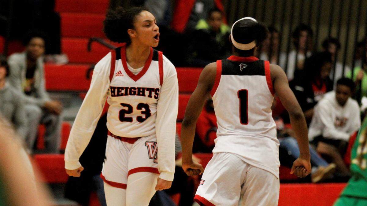 Wichita Heights’ Zyanna Walker (left) and Laniah Randle (right) celebrate a 45-35 win over Bishop Carroll on Tuesday night. (Jan. 9, 2019)