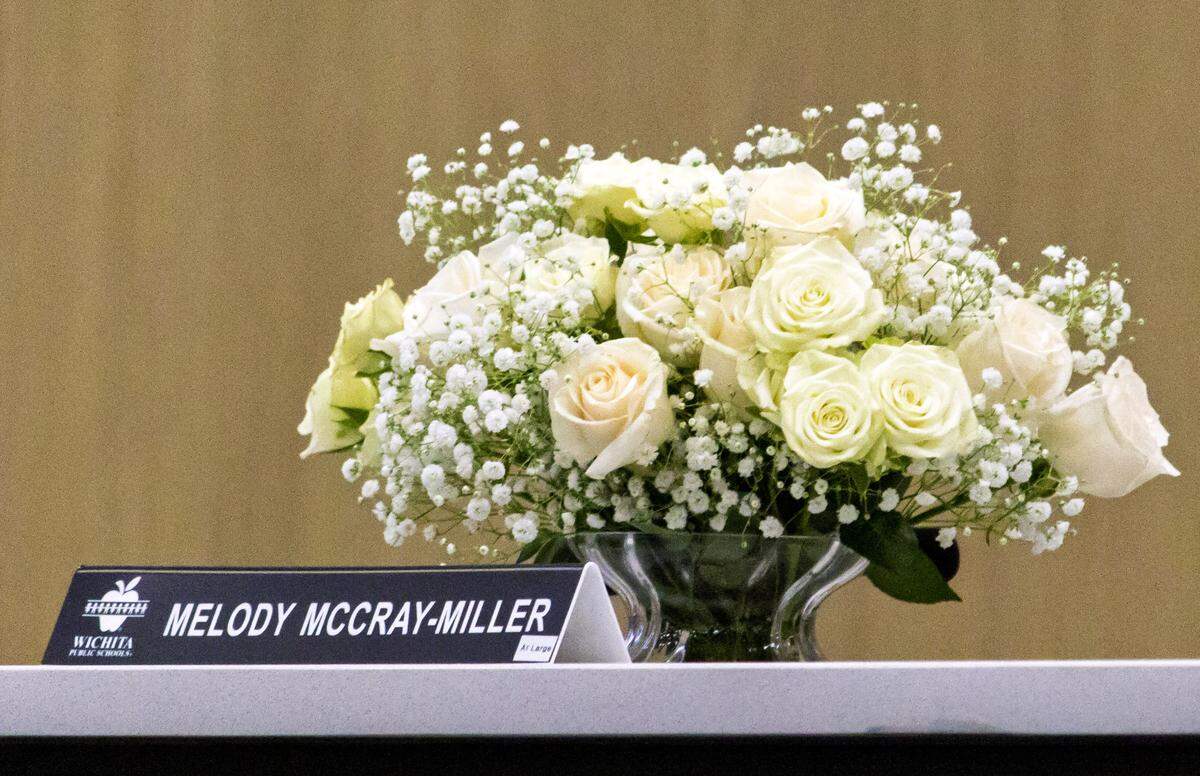 Former Wichita school board member Melody McCray-Miller was remembered with a bouquet of white roses placed at her seat during the board's March meeting. McCray-Miller died at 69 after a long illness.