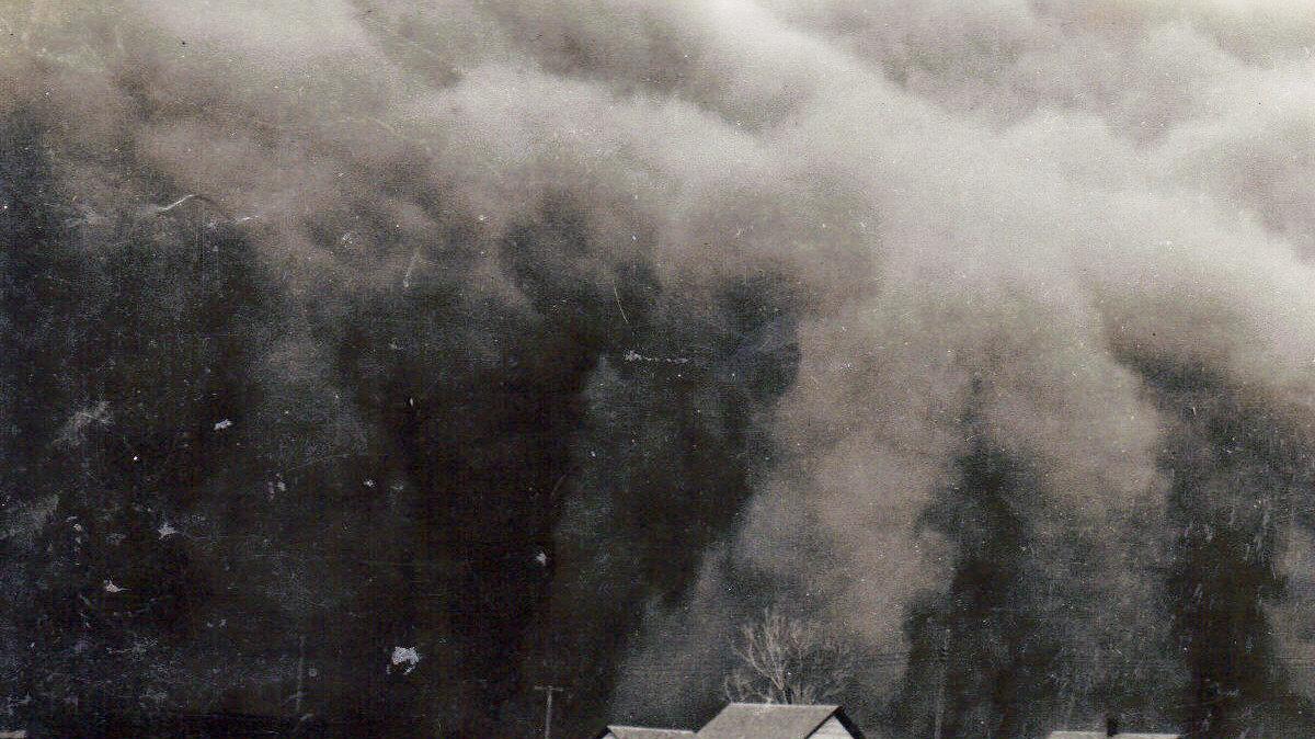 On April 14, 1935, one of the worst storms of the Dust Bowl rolled over the landscape. Black Sunday covered an area about 800 miles long and about 300-500 miles wide, including Hugoton, Kansas, shown here.