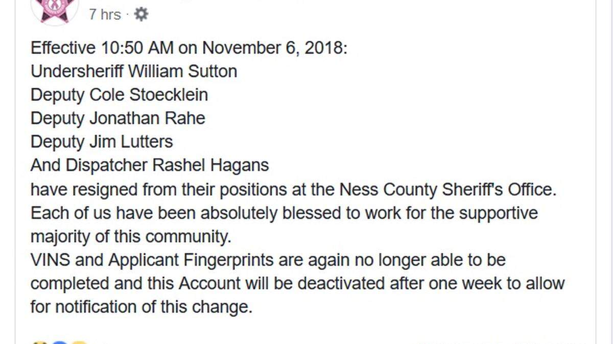 A post on Ness County Sheriff’s Office Facebook page Tuesday morning details the resignations of deputies and other staff.