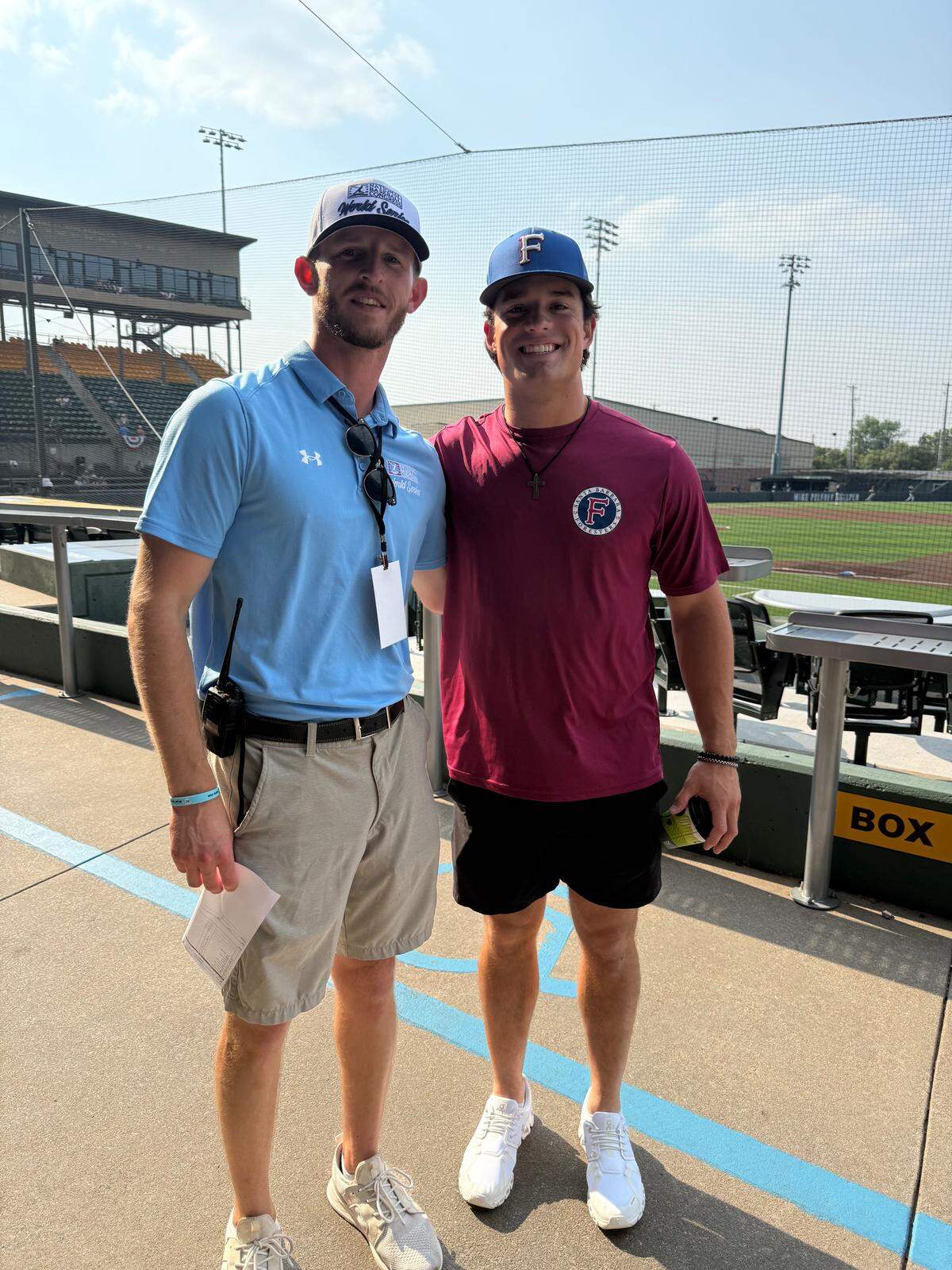 Spencer Olmstead, who was a bat boy for the Foresters as a kid, poses for a picture with Foresters outfielder Mic Paul. Both have been diagnosed with Thoracic Outlet Syndrome.