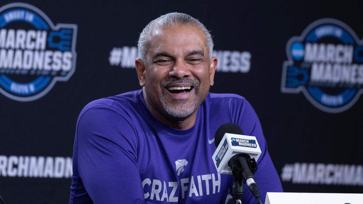 Kansas State coach Jerome Tang talks with reporters at Madison Square Garden during the 2023 NCAA Tournament.