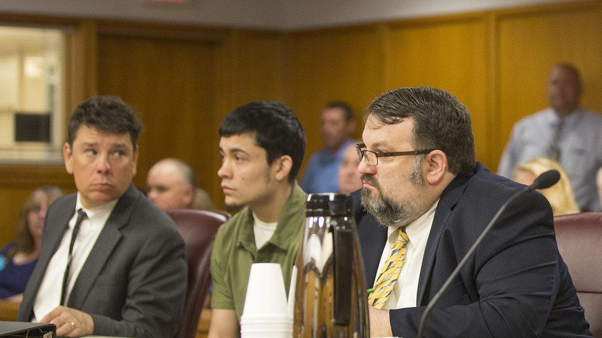 Defendant Kisha Schaberg, far right, listens to testimony while co-defendant Braden Smith testifies during a preliminary hearing involving the November deaths of Melissa and Roger Bluml. Anthony Bluml (second from left) the adopted son of Melissa and Roger Bluml, and the biological son of Schaberg is also charged in the case. Two of Anthony Bluml's former Valley Center High School classmates, Andrew Ellington and Braden Smith, are the other two defendants. Smith waved his right to a preliminary hearing and will plead guilty to two murder charges in exchange for his testimony against the other three.